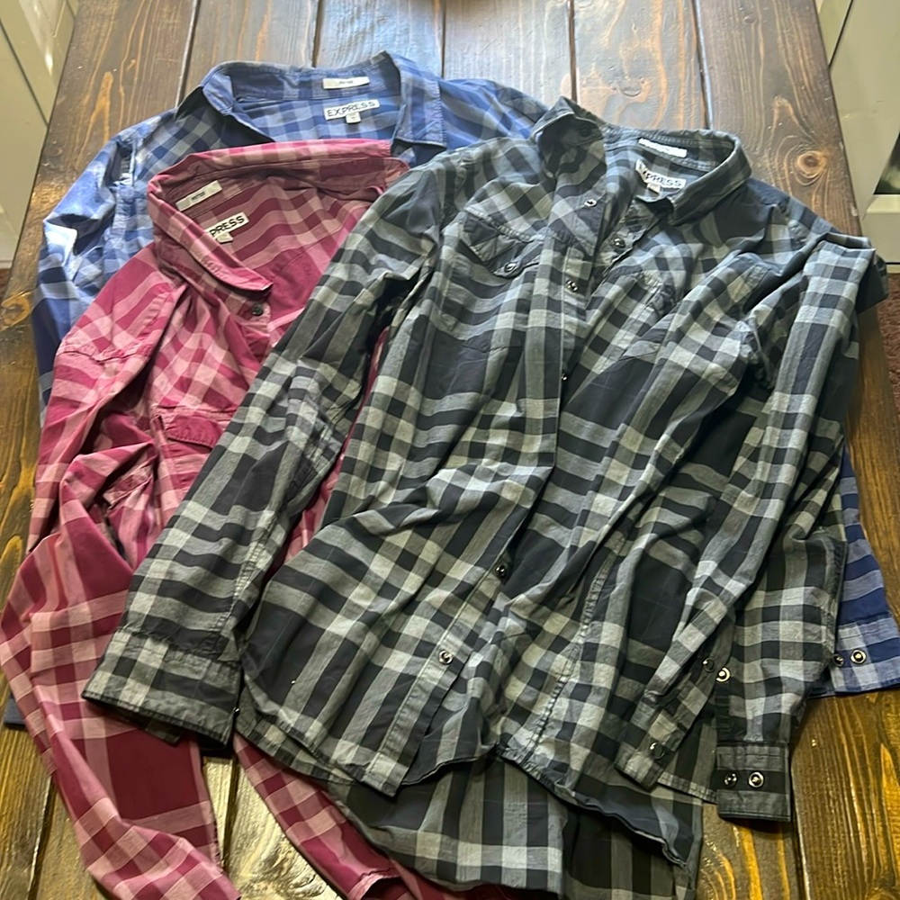 Lot of 3 Men’s Express Long-sleeve Pearl Snap Shirts - Large
